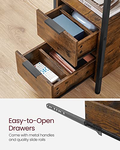 VASAGLE Side End Table with Charging Station, Slim Nightstand with 2 Drawers, Narrow Bedside Table for Living Room, Small Spaces, Rustic Brown and Ink Black ULET321B01 - color: Rustic Brown + Ink Black, size: 23.6"D x 13.8"W