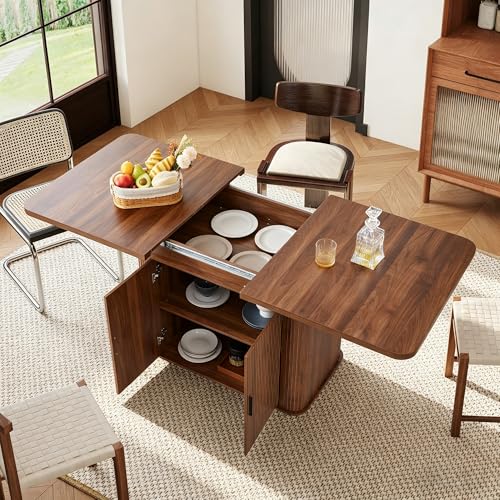 weselon 55"-71" Extendable Dining Table with Storage, Expandable Kitchen Table for 4-6, Space Saving Dining Room Table with Hidden Storage Cabinet, Adjustable Shelves & Fluted Base (Walnut) - color: Walnut, size: 55"-71" Hidden Storage+Extendable Rectangu
