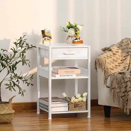 Lerliuo 3-Tier Printer Stand with Fabric Drawer and Shelves, White | Three-tier printer stand with fabric drawer and two shelves for paper, office supplies, scanners and fax machines - color: White