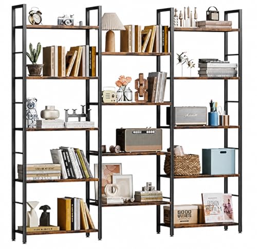 Shintenchi Triple 5 Tier Bookshelf, Industrial Large Bookcase with 14 Open Display Shelves, Large Etagere Bookshelf,Wide Book Shelf Book Case for Home & Office, Brown - size: 5 Tier(Wide)