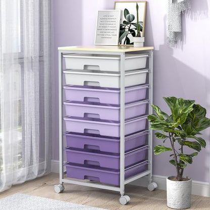 SYKIARIOL Rolling Cart with Drawers,Utility Cart With 8 Drawers and Wooden Tabletop for Living Room,Classroom,Bedroom,Bathroom,Dorm,Office,Purple - color: Purple
