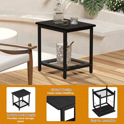2-Tier Outdoor Side Table with Storage, Weather Resistant Patio End Table, HDPS Small Accent Table for Deck, Garden, Pool, Backyard, Black 2pcs - color: 2pcs-black