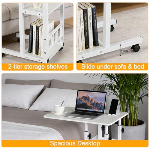 Adjustable C Table,Over Bed Table with Wheels,Rolling Side Table, Over Bed Table with Wheels, Bedside Table, for Sofa Side Small Space, Stable Multi Storage Desk (White) - color: White