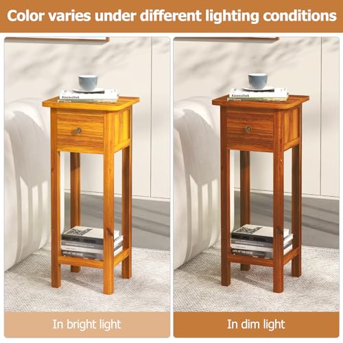 Tangkula 2-Tier Narrow Side Table with Drawer, Acacia Wood Tall End Table for Small Spaces, Farmhouse Slim Bedside Table with Open Shelf, Nightstand for Living Room, Bedroom, No Assembly (2, Natural) - color: Natural