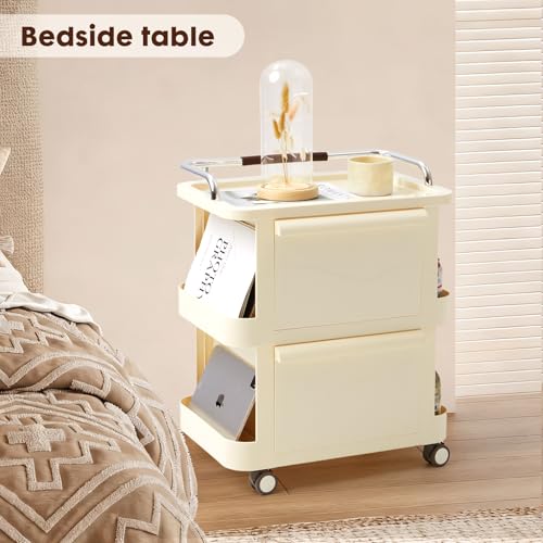 2 Tier Rolling Cart with Drawers - Multi-Functional Storage Slim Rolling Cart with 2 Drawers - Storage Cabinet for Bedroom, Living Room & Kitchen, Ideal for Snacks, Toys & Daily Essentials