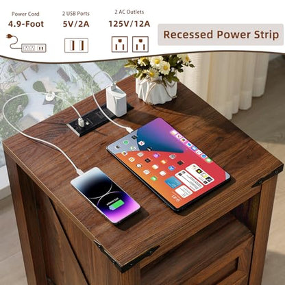 Joaxswe Nightstands Set of 2 with Charging Station, Farmhouse Side End Table with 2 Drawers and Open Shelf, Wood Rustic Sofa Table, Bedside Cabinet for Bedroom, Living Room, Closet, Office(Brown) - color: Brown, size: 2 pack