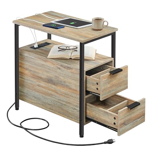 VASAGLE Side End Table with Charging Station, Slim Nightstand with 2 Drawers, Narrow Bedside Table for Living Room, Small Spaces, Turquoise Brown and Ink Black ULET321B60V1S - color: Turquoise Brown + Ink Black, size: 23.6"D x 11.8"W