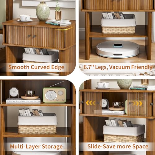 Nightstand with Fluted Sliding Door, 3-Tier Side Table with Hidden Cabinet and Open Storage, 21.7" Wide Modern End Table, for Living Room, Bedroom, Dorm, Spacious Desktop Space, Walnut Brown