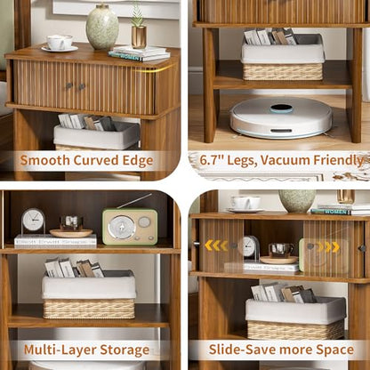 Nightstand with Fluted Sliding Door, 3-Tier Side Table with Hidden Cabinet and Open Storage, 21.7" Wide Modern End Table, for Living Room, Bedroom, Dorm, Spacious Desktop Space, Walnut Brown