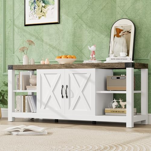 TV Stand for 65 in TV, Farmhouse Entertainment Center with Storage, 60 in TV Console Table with Shelves, Modern Media Console Cabinet with Doors, Wooden TV Stand for Living Room, Bedroom - White - color: White, size: 60 Inch