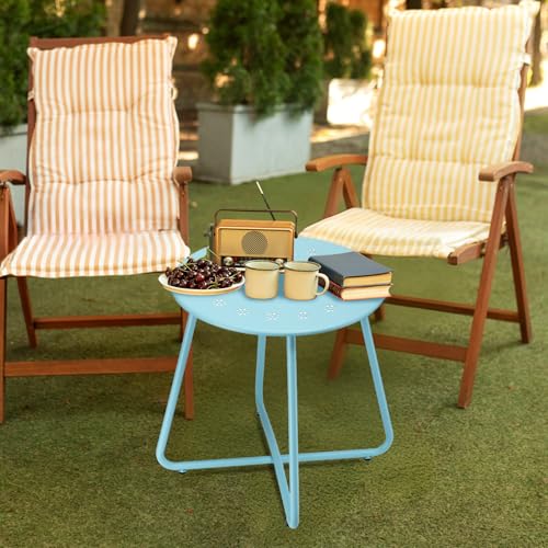 danpinera Outdoor Side Tables with Flower Cut Outs, Weather Resistant Steel Patio Side Table, Small Round Outdoor End Table Metal Side Table for Patio Yard Balcony Garden Blue - color: Blue