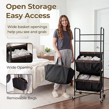 GRANNY SAYS 3 Tiered Laundry Sorter, Narrow Hamper Cart with Wheels, Black - color: Black