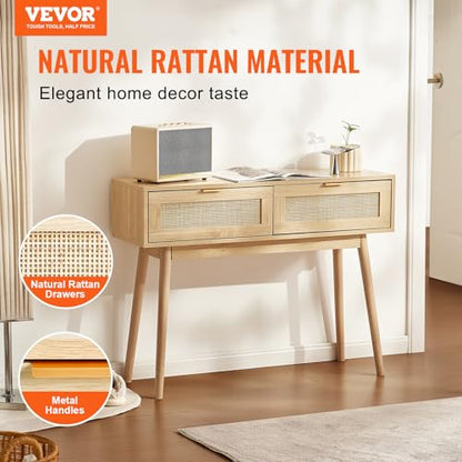 VEVOR Rattan Console Table with 2 Storage Drawers, Rattan Entryway Table with Natural Rattan Sliding Door, Console Sofa Table for Living Room, Study, Entryway Or TV Wall, Natural - size: 2 Drawers