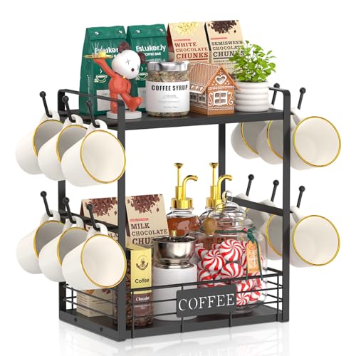 EsLuker.ly Coffee Mug Cup Holder Tree Bar Station Organizer, 2 Tier Mug Stand Rack for Countertop Kitchen, Storage Tower Display Shelf with 12 Hooks, Coffee Nook Enhancer, Black - color: Black + Black