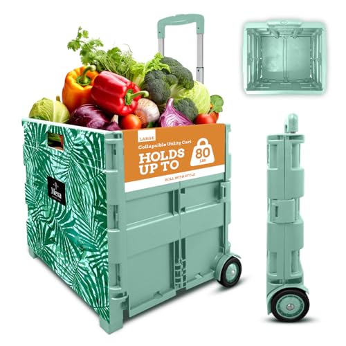 Ultra-Slim Rolling Collapsible Storage Pack-N-Roll Utility-carts, with Telescopic Handle, for Home, Garden, Shopping, Office, School use, Large, Motif Print - color: Motif Print