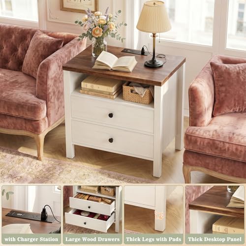 Aheaplus Nightstand with Charging Station, 23.6'' Large Bed Side Table with Wooden 2 Drawers, Night Stand for Bedroom, End Table with Open Storage Shelf for Living Room, Set of 2, White & Brown - color: White & Brown