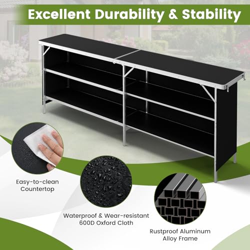 COSTWAY 81" Folding Picnic Table, Portable Bar Table with Carry Bag | Lightweight Aluminum Food Prep Station with 2 Shelves, Quick Set-up, BBQ, Party, Backyard, Black - color: Black, size: 81"W x 32.5"H