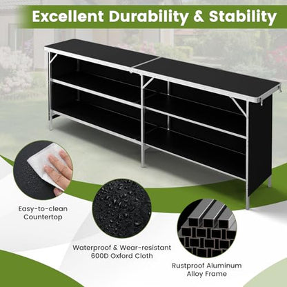 COSTWAY 81" Folding Picnic Table, Portable Bar Table with Carry Bag | Lightweight Aluminum Food Prep Station with 2 Shelves, Quick Set-up, BBQ, Party, Backyard, Black - color: Black, size: 81"W x 32.5"H