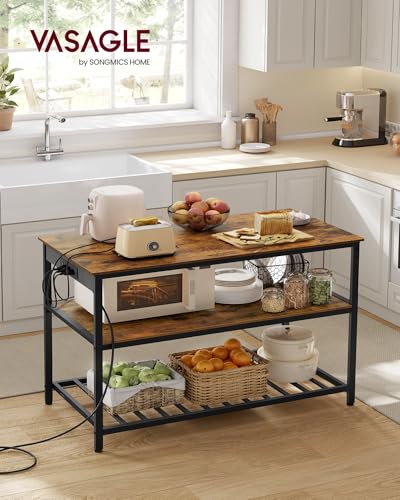 VASAGLE Kitchen Island with 3 Shelves, 47.2 Inches Width Kitchen Shelf with Power Strip, Large Worktop, Stable Steel Structure, Industrial, Easy to Assemble, Rustic Brown and Black UKKI101K01 - color: Rustic Brown + Black, size: 47.2"W x 34.9"H, style: wi