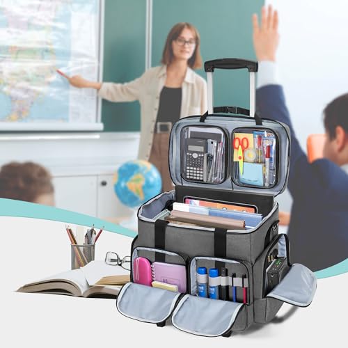 CURMIO Rolling Teacher Tote Bag with Padded Laptop Compartment for up to 15.6 Inches Laptop, Wheeled Teacher Bag for Teaching, Office, Craft, Gray - color: Gray