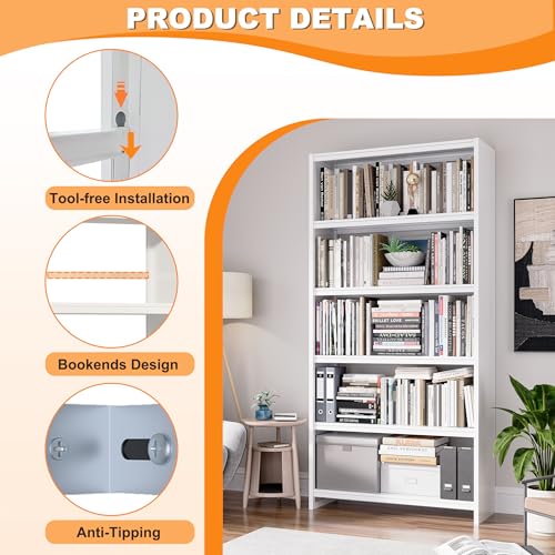 VASAAOSD 5 Tier Book Shelf, 69.3" Tall White Bookshelves, Open Metal Bookshelf, Toolless Assembly White Shelves for Home Office, Living Room, Study - color: White, size: 3 Tier