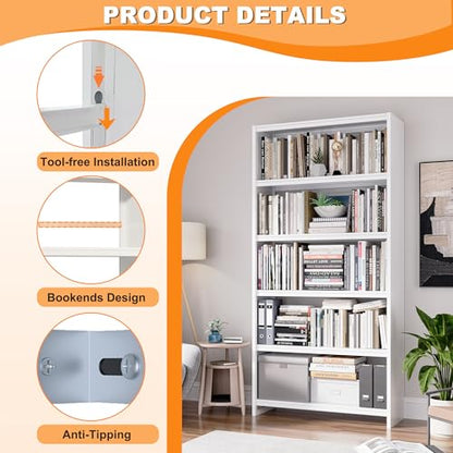 VASAAOSD 5 Tier Book Shelf, 69.3" Tall White Bookshelves, Open Metal Bookshelf, Toolless Assembly White Shelves for Home Office, Living Room, Study - color: White, size: 3 Tier