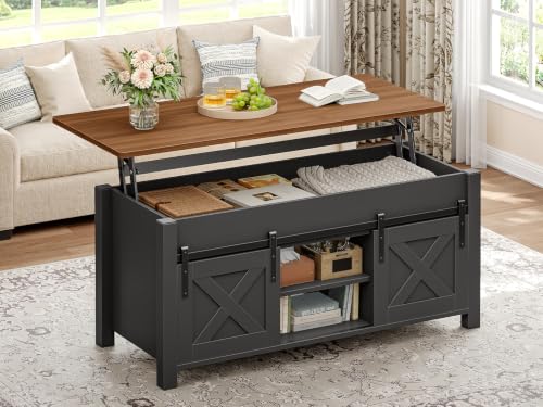SEDETA Farmhouse Lift Top Coffee Table with Storage for Living Room | Lift Tabletop Dining Table, Gas Spring, Hidden Compartment, Open Storage Shelf, Black Brown - color: Black Brown, size: 19.7"D x 39.3"W