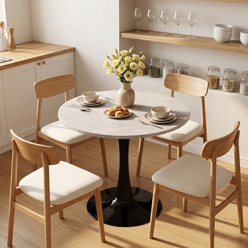 27.6" Marble Round Tulip Table, Mid-Century Modern Style Dining Table with Black Pedestal Base for 2-4 People, Featuring A Marble Tabletop for Kitchen, Dining Room, Cafe (Light Grey) - color: Light Grey#black