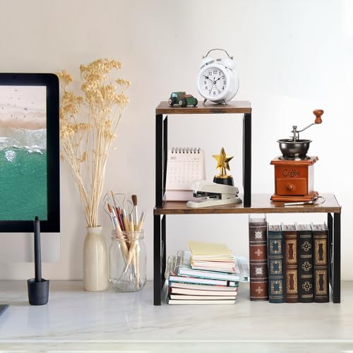 TOPZEA Desktop Shelf, Rustic Wood Small Freestanding Bookshelf Organizer Vintage Desk Shelving Stand, 2 Tier Stackable Office Storage Open Rack Hutch Kitchen Counter Display Shelves, Upgrade