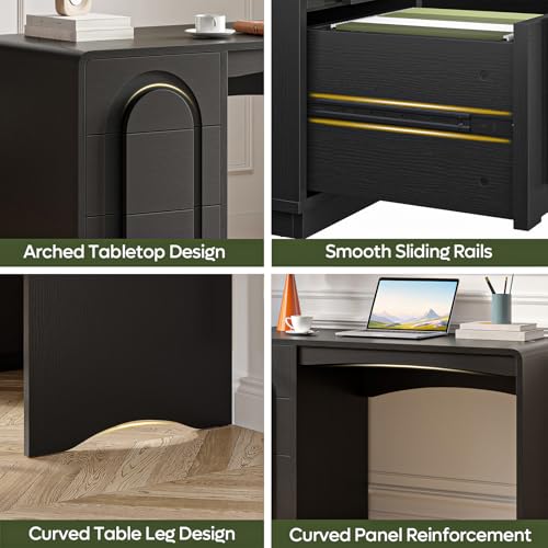 Bestier Computer Desk with Drawer, 47 Inch Wood Home Office Desk with Storage & Cabinet, Modern Arched Curved Design Office Desks for Writing Study Bedroom, Black - color: Black