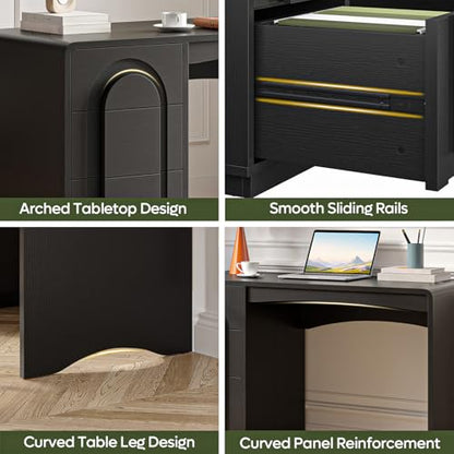 Bestier Computer Desk with Drawer, 47 Inch Wood Home Office Desk with Storage & Cabinet, Modern Arched Curved Design Office Desks for Writing Study Bedroom, Black - color: Black