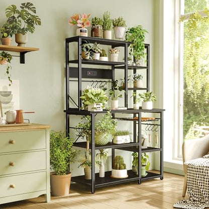 SUPERJARE Large Bakers Rack with Power Outlets, 6-Tier Microwave Stand, Coffee Bar with 12 S-Shaped Hooks, Kitchen Shelf with Wire Basket, 39.4 x 14.6 x 66.9 Inches, Black - color: Black, size: 39.4inch