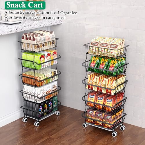 OKZEST 5 Tier Fruit Basket for Kitchen, Stackable Bins Wire Rack with Wheels, Fruit and Vegetable Storage Basket Pantry Food Snack Organizer Shelf, Kitchen Storage Cart for Onion and Potato, Produce | Kitchen pantry organizer rack with dirt catch tray, Ro
