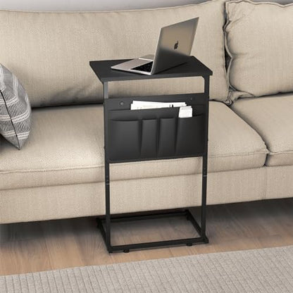 C Shaped End Table, Small Sturdy Side Sofa Table with Metal Frame for Living Room and Bedroom, Slide Under Table Couch Side Tables with Storage Bag, Black ZER-007B - color: Black
