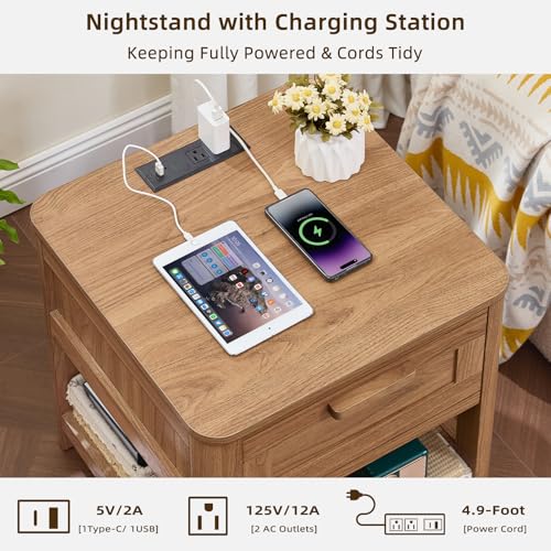 Joaxswe Farmhouse Side Table Set of 2 Living Room, Small Night Stand with 1 Drawers & Open Shelving & 4 Thickened Table Legs, Dark Wood - color: Dark Wood, size: Set of 2