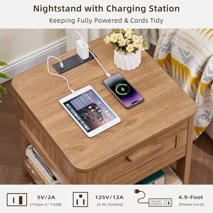 Joaxswe Farmhouse Side Tables Living Room, Small Nightstand with 1 Drawers & Open Shelving & 4 Thickened Table Legs, Dark Wood - color: Dark Wood, size: Single