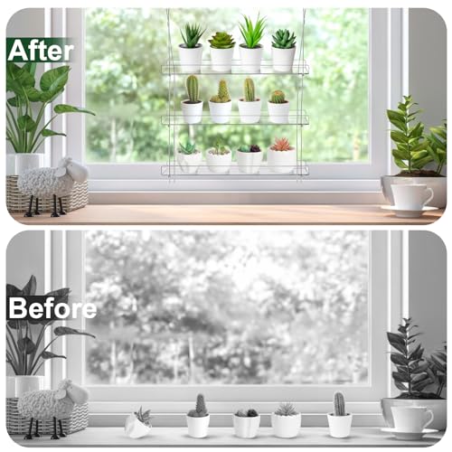 Tlence 3-Tier Window Plant Shelves, Hanging Acrylic Plant Shelf for Indoor, Clear Window Shelf for Plants, Height Adjustable Flower Display Stand, Succulent Pot Organizer for Herbs Microgreens