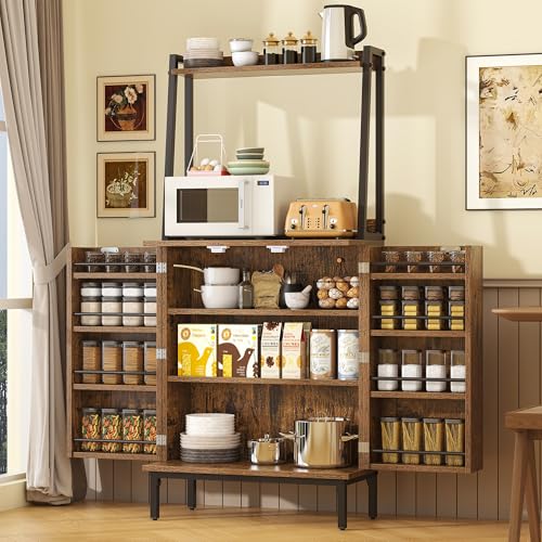 kepptory 51" Kitchen Baker's Rack with Storage, Microwave & Toaster Oven Stand, Freestanding Coffee Bar Station with Wine Glass Holder & Side Storage Shelves, Brown - color: 51“h-brown, size: 51"H