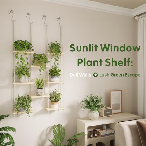 8 Tier Window Plant Shelves Hanging Indoor Plant Display | hanging window sill plant shelf, boho wall decor for bedroom living room; floating plant holder indoor garden display rack,