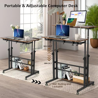 Hadulcet Mobile Standing Desk Adjustable Height, Rolling Desk Stand Up Desk, Mobile Laptop Desk, Rolling Computer Desk with Charging Station, Portable Desk with Wheels, Rustic Brown - color: Rustic Brown, size: 31.5" With Charging Station