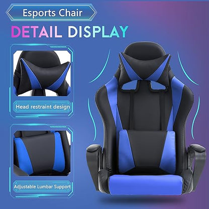 PayLessHere Ergonomic Racing Desk Chair Gaming Chair Computer Chair with Armrests 360° Swivel & Caster Pu Desk Task Chair Executive Headrest Lumbar Support for Back Pain Women Men and Adults, Blue - color: Blue