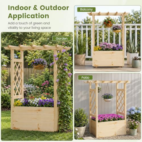 Giantex Raised Garden Bed with Sided Trellis & Hanging Roof, Wood Planter Box, Freestanding Garden Planter Raised Bed for Flowers Herbs Climbing Vines 31”x16”x41” (L x W x H) - color: Natural, size: 31”x16”x41”