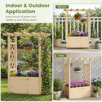 Giantex Raised Garden Bed with Sided Trellis & Hanging Roof, Wood Planter Box, Freestanding Garden Planter Raised Bed for Flowers Herbs Climbing Vines 31”x16”x41” (L x W x H) - color: Natural, size: 31”x16”x41”