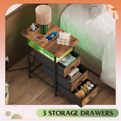 WLIVE Narrow Side Table with Charging Station, End Table with LED Lights,3 Fabric Drawers and Open Storage Shelf, Bed Side Tables Living Room, Small Spaces, Bedroom, Rustic Brown - color: Rustic Brown, size: 3 Drawers