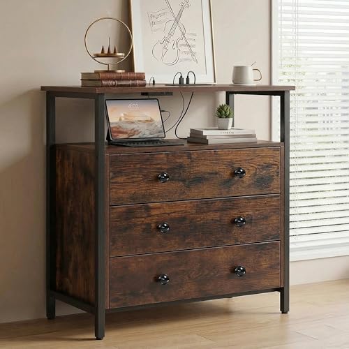 Edbuosy 3 Wooden Drawers Night Stand, 27 Inch Wide Nightstand with Charging Station and Adjustable Drawers, Small Dresser for Closet, Bedside Table for Living Room/Bedroom/Office, Retro Brown - color: Retro Brown, size: 27"W-3 Drawers