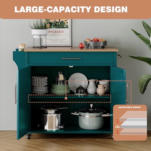 Kitchen Island with Storage, Wooden Countertop Rolling Kitchen Island On Wheels Storage Cabinet, Mobile Kitchen Island Cart with Towel Rack, Spice Rack and Drawers,Green - color: Green