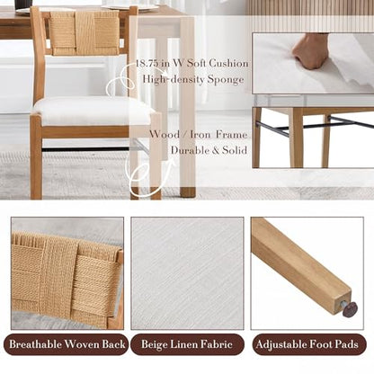 BESTANO Modern Armless Dining Chairs with Rope Woven Back Set of 2, Beige Linen Fabric Upholstered Kitchen & Dining Room Chairs, Mid-Century Classic Farmhouse Wooden Side Chair - color: Beige, size: 2 Chairs
