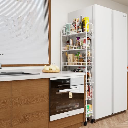 6 Tier Slim Rolling Storage Cart with Wheels, Metal Mobile Shelving Unit Organizer Utility Cart for Office Bathroom Kitchen Laundry Room Narrow Places (White 6 Inches) - size: White 6 Inches