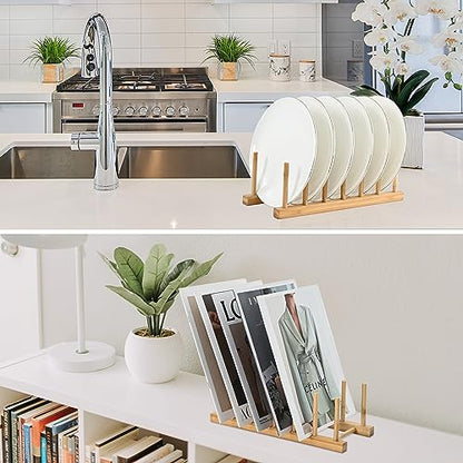 INNERNEED Bamboo Wooden Dish Rack, Vertical Plate & Lid Organizer | for Kitchen Cabinet or Countertop, Drying Stand for Dishes, Cutting Boards - size: Pack of 1