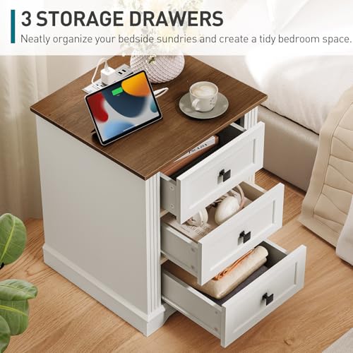 Night Stand with 3 Drawers, 18 Inch Wide End Table with Charging Station, Farmhouse Nightstand, Bedside End Tables Living Room, End Tables with Storage for Bedroom, White and Walnut - color: White and Walnut